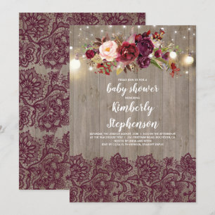 Invitación Burgundy Floral Lace Rustic Baby Shower