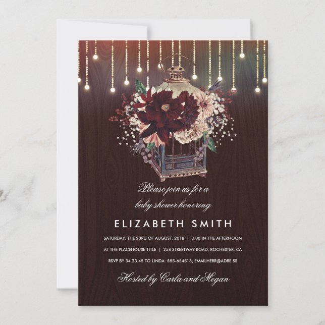 Invitación Burgundy Floral Lantern Rusfall Baby Shower (Anverso)