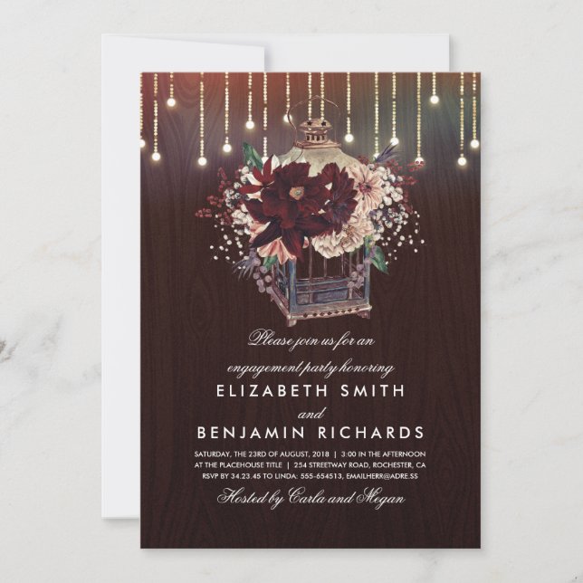 Invitación Burgundy Floral Lantern Rustic Engagement Party (Anverso)