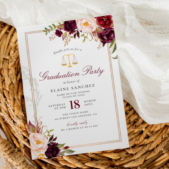 Invitación Burgundy floral law school graduation party (Subido por el creador)