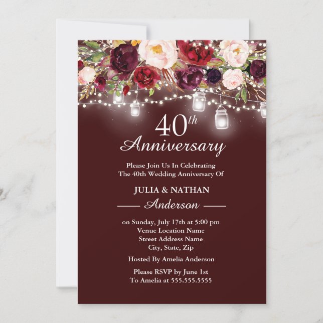 Invitación Burgundy Floral Lights 40° Aniversario Boda (Anverso)