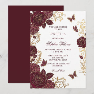 Invitación Burgundy Floral Mariposa Dulces 16