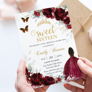 Invitación Burgundy Floral Marrón Princesa Dulces Dieciséis 1