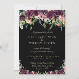 Invitación Burgundy Floral Marsala Black Boda