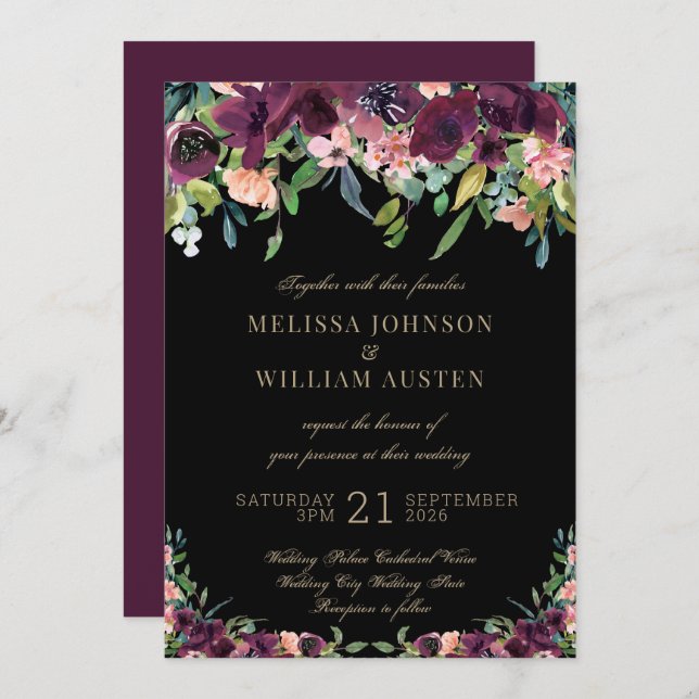 Invitación Burgundy Floral Marsala Black Boda (Anverso / Reverso)
