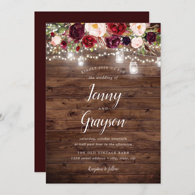 Invitación Burgundy Floral Mason Jar Lights Boda de Madera (Anverso / Reverso)