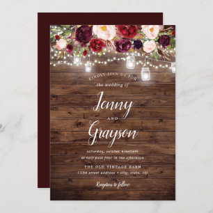 Invitación Burgundy Floral Mason Jar Lights Boda de Madera