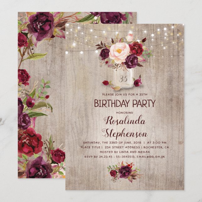 Invitación Burgundy Floral Mason Jar Rustic Birthday Party (Anverso / Reverso)