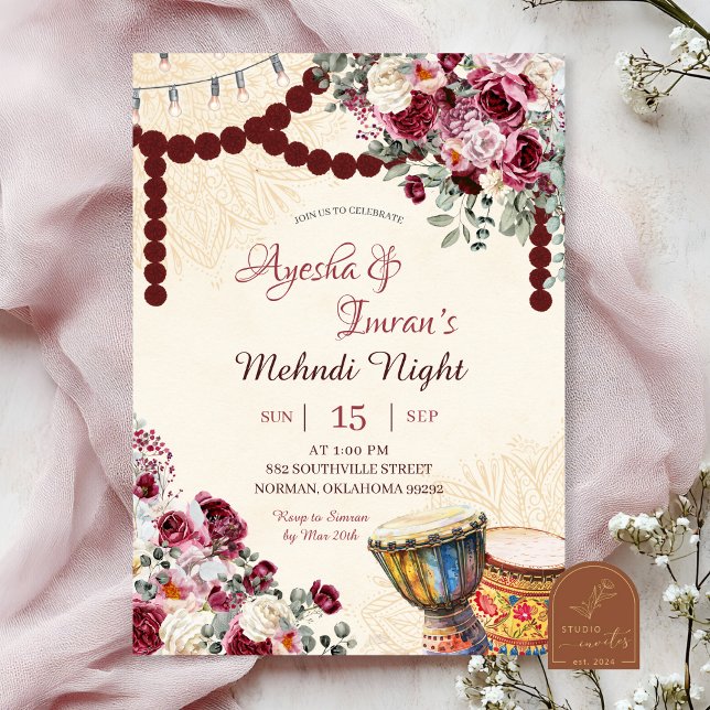 Invitación Burgundy Floral Mehndi, Haldi, Sangeet, Rokka (Subido por el creador)