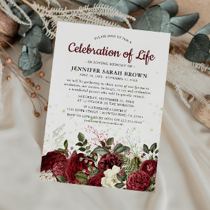 Invitación Burgundy Floral Memorial Celebración de la Vida