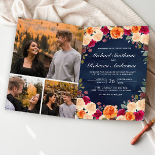 Invitación Burgundy Floral Naranja Quemada Código QR Naval Bo