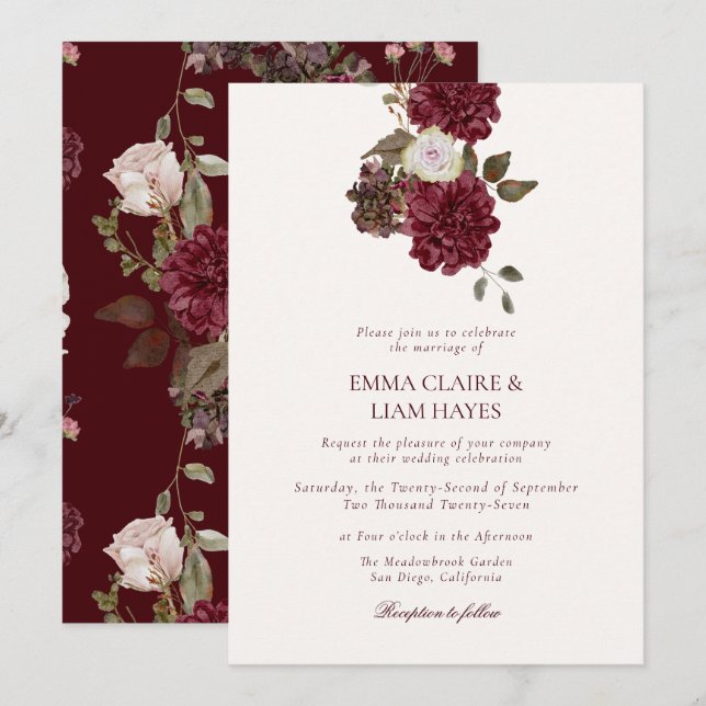 Invitación Burgundy Floral Old Money Wedding Invitation (Anverso / Reverso)