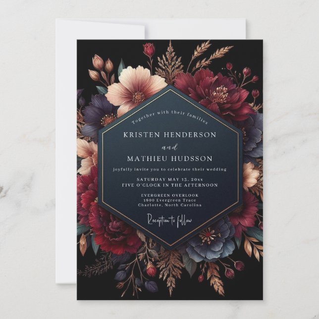 Invitación Burgundy Floral Opulent Romance Wedding (Anverso)