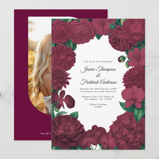 Invitación Burgundy Floral Photo and QR Code Wedding (Anverso / Reverso)