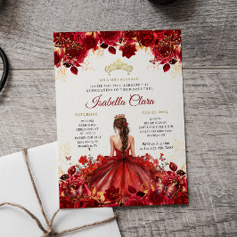 Invitación Burgundy Floral Princess Gold Quinceanera