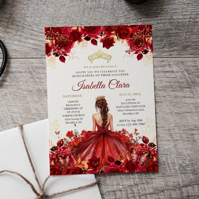 Invitación Burgundy Floral Princess Gold Quinceanera (Subido por el creador)