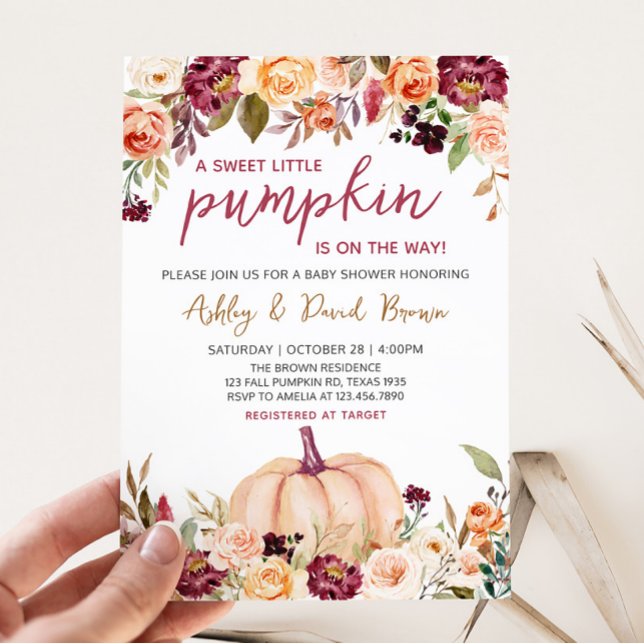 Invitación Burgundy Floral Pumpkin Baby Shower (Marsala Burgundy Fall Pumpkin Baby Shower )