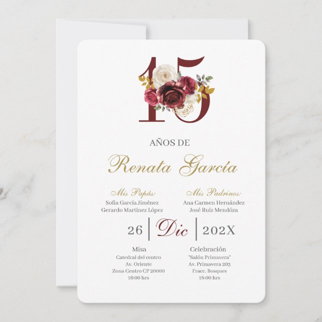 Invitación Burgundy floral quinceañera invitation (Anverso)