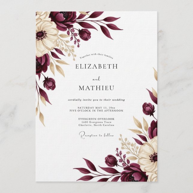 Invitación Burgundy Floral Romantic Wedding (Anverso)