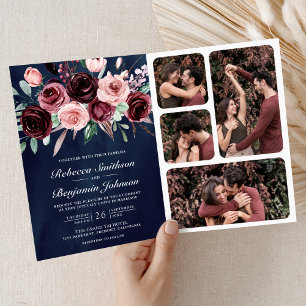 Invitación Burgundy Floral Rosa Polvoriento Código QR Boda Az