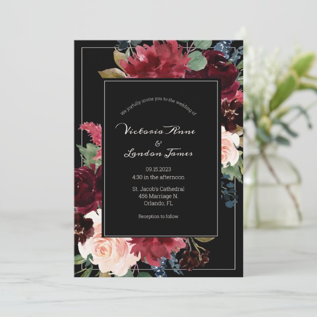 Invitación Burgundy Floral Rubor Black Elegant Boda de guione (Anverso de pie)
