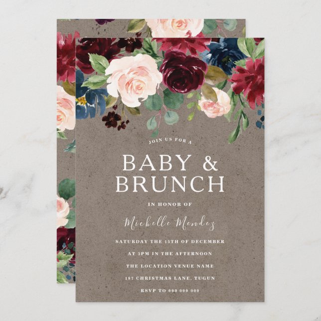 Invitación Burgundy Floral Rustic Baby Shower Brunch (Anverso / Reverso)