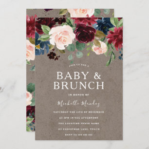 Invitación Burgundy Floral Rustic Baby Shower Brunch