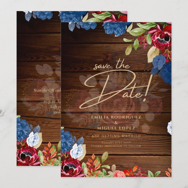 Invitación Burgundy Floral Rustico Ahorra la FECHA de Boda (Anverso / Reverso)