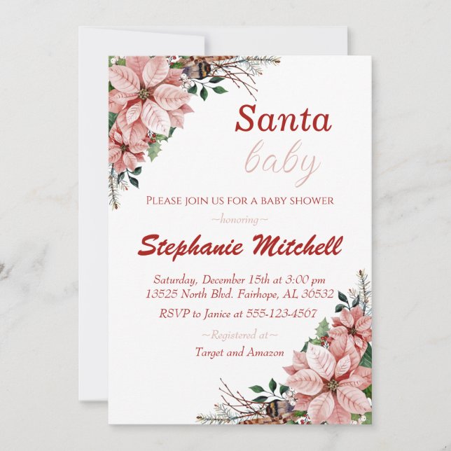 Invitación Burgundy Floral Santa Bebé Navidades Baby Shower (Anverso)