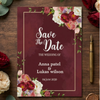 Invitación Burgundy Floral Save the Date Wedding Invitation
