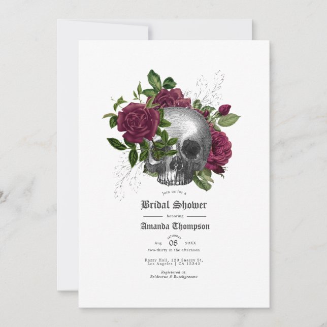 Invitación Burgundy Floral Skull Gothic Bridal Shower (Anverso)