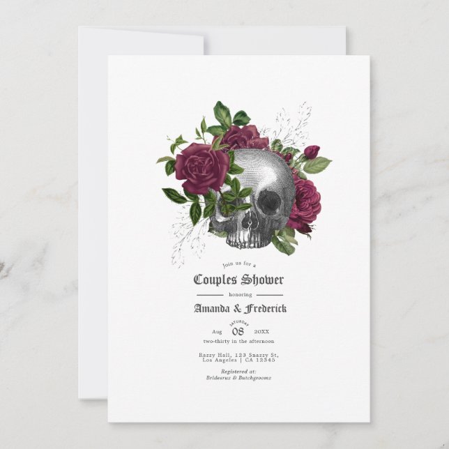 Invitación Burgundy Floral Skull Gótica Parejas Ducha (Anverso)