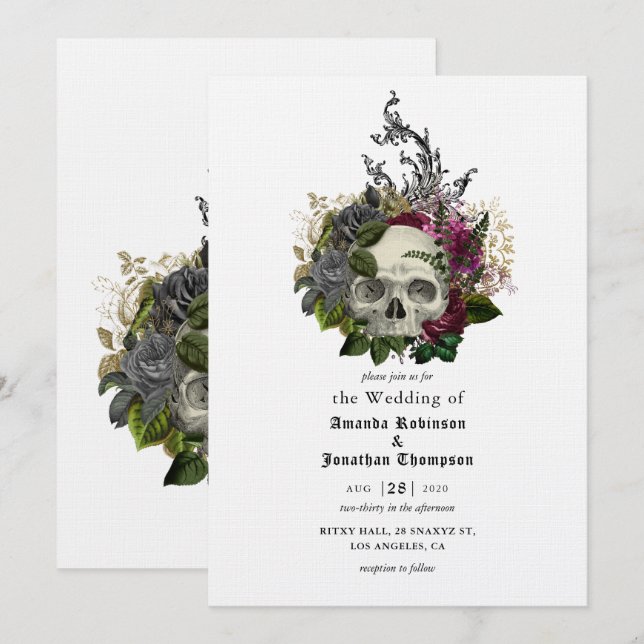 Invitación Burgundy Floral Skull Halloween Boda gótico Inv (Anverso / Reverso)