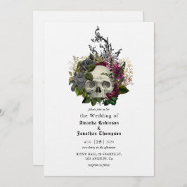 Invitación Burgundy Floral Skull Halloween Boda gótico Inv
