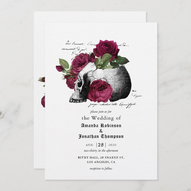 Invitación Burgundy Floral Skull Halloween Boda gótico Inv (Anverso / Reverso)
