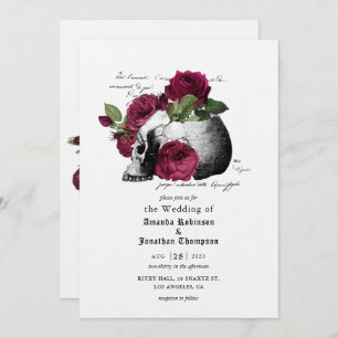 Invitación Burgundy Floral Skull Halloween Boda gótico Inv