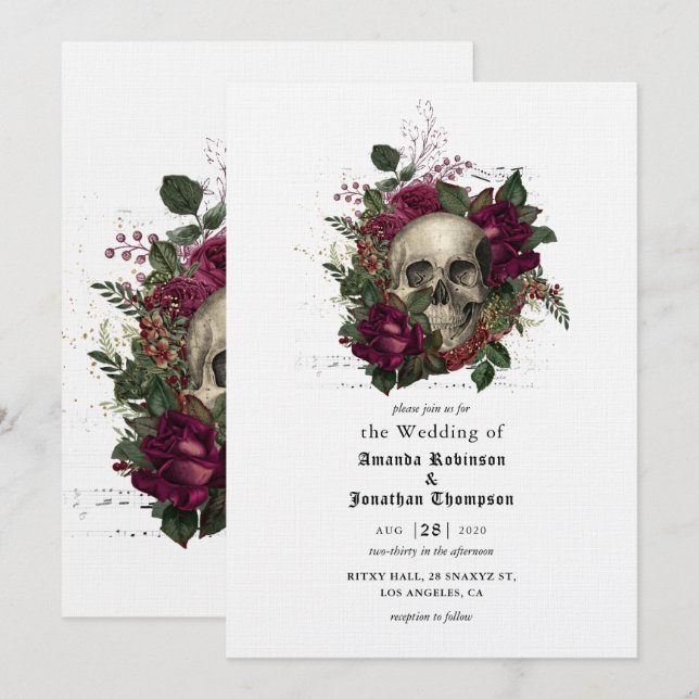 Invitación Burgundy Floral Skull Halloween Boda gótico Inv (Anverso / Reverso)
