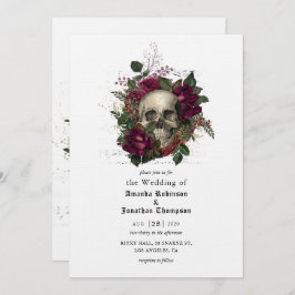 Invitación Burgundy Floral Skull Halloween Boda gótico Inv