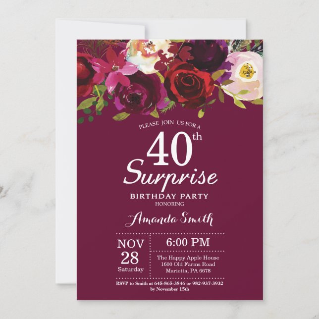 Invitación Burgundy Floral Sorpresa 40 cumpleaños Fiesta (Anverso)