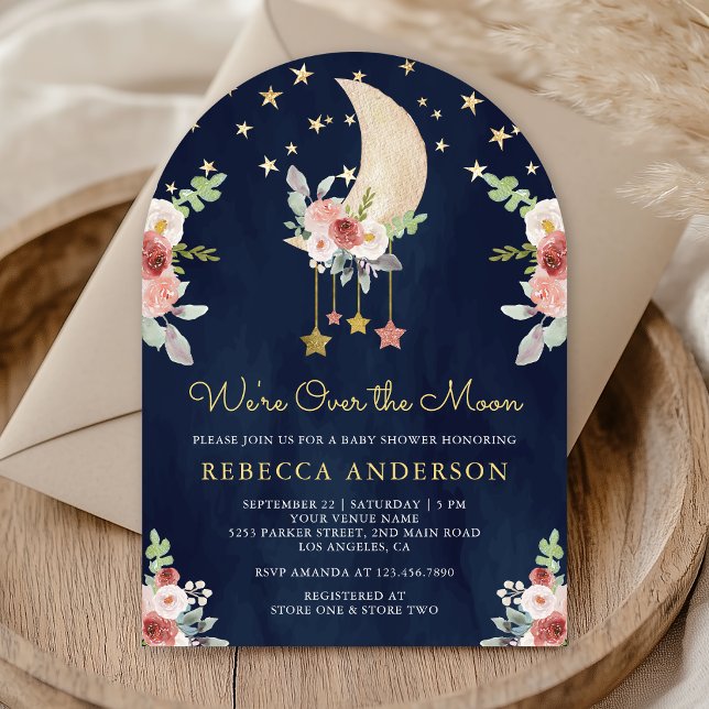 Invitación Burgundy Floral Stars Moon Arch Naval Baby Shower (Subido por el creador)
