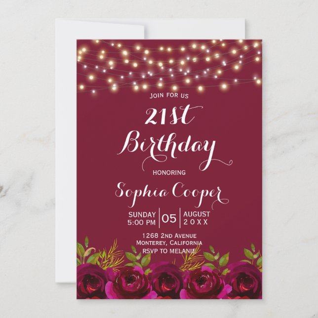 Invitación Burgundy Floral String Lights 21st Birthday Fiesta (Anverso)