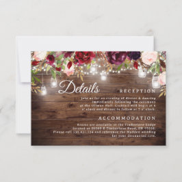 Invitación Burgundy Floral String Lights Boda Details Card