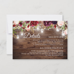 Invitación Burgundy Floral String Lights Boda Details Card