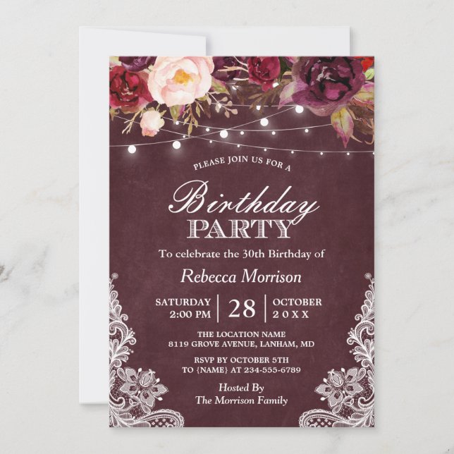 Invitación Burgundy Floral String Lights Lace Birday Party (Anverso)