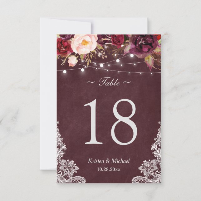 Invitación Burgundy Floral String Lights Lace Table Number (N (Anverso)