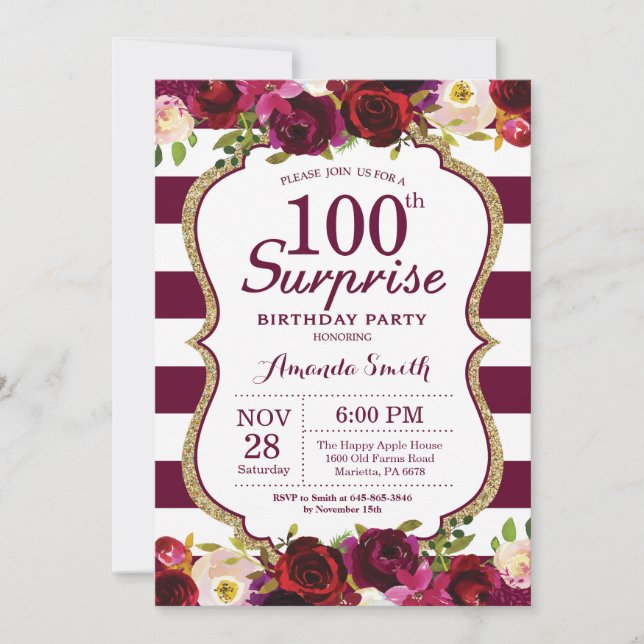 Invitación Burgundy Floral Surprise 100 cumpleaños (Anverso)