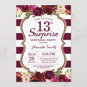Invitación Burgundy Floral Surprise 13th Birthday Party