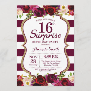 Invitación Burgundy Floral Surprise 16th Birthday Party