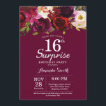 Invitación Burgundy Floral Surprise 16th Birthday Party<br><div class="desc">Invitación a la fiesta de cumpleaños 16 de Burgundy Floral Surprise para la Chica Lady Adolescente. Invitación a la fiesta de cumpleaños roja de Borgoña. Flor floral color agua de Borgoña. 13.º 15.º 16.º 18.º 20.21.30.40.50.60.70.80.90.100. Para una mayor personalización, haga clic en el botón "Personalizar" y utilice nuestra herramienta de...</div>