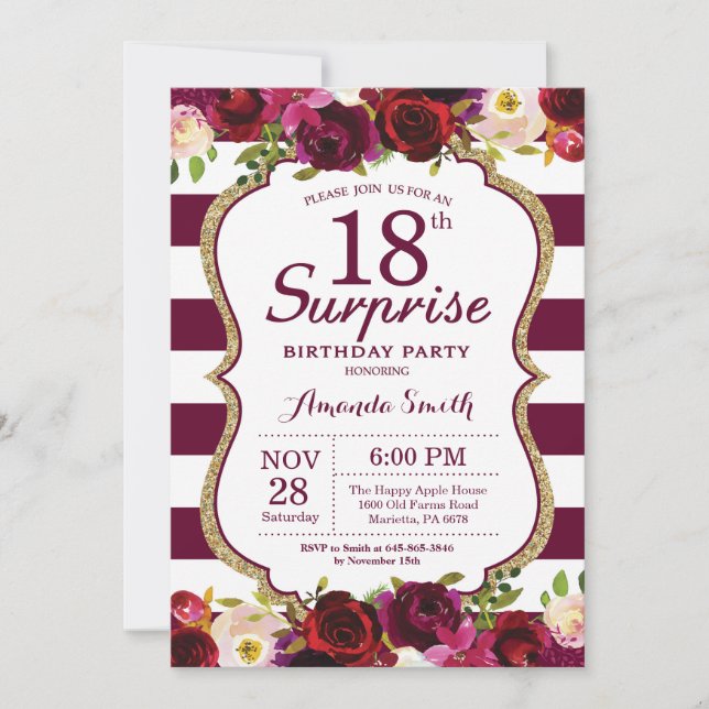 Invitación Burgundy Floral Surprise 18th Birthday Party (Anverso)